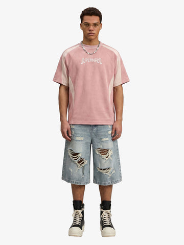 Suede Panel Embroidered Logo Short Sleeve T-Shirt 
