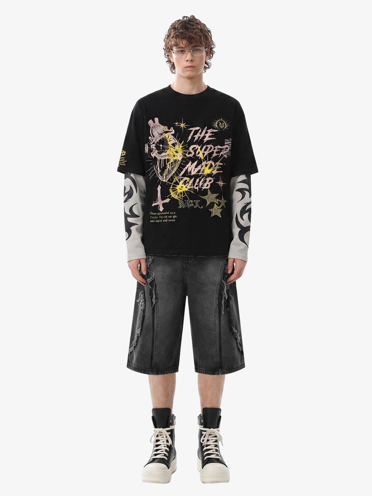 Hip-Hop Punk Faux Two-Piece Long-Sleeved T-Shirt - 2457 