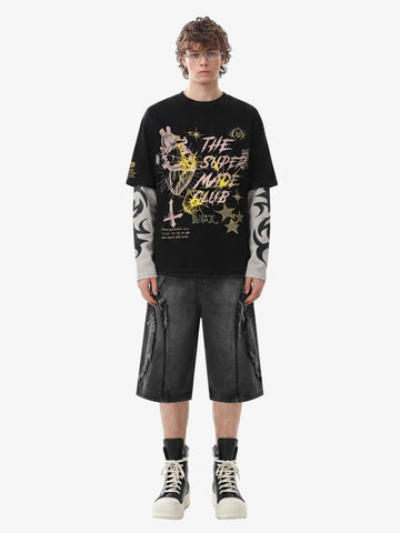 Hip-Hop Punk Faux Two-Piece Long-Sleeved T-Shirt - 2457 