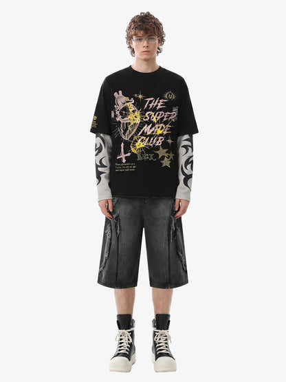 Hip-Hop Punk Faux Two-Piece Long-Sleeved T-Shirt - 2457 