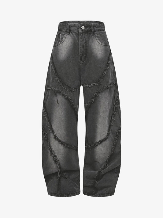 Washed Distressed Raw Edge Barrel Jeans - 2402 