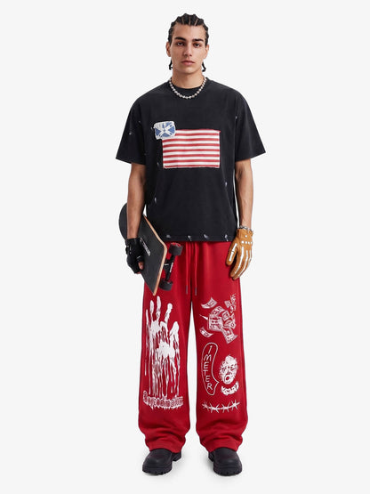 Vintage Washed Flag Patchwork Graphic T-Shirt 