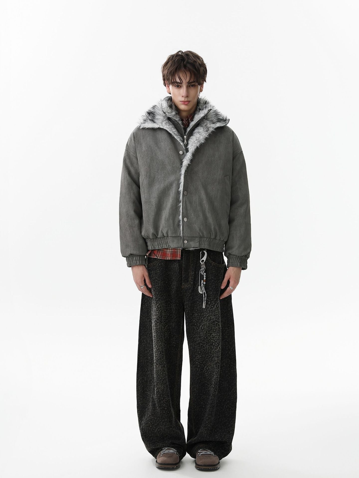 Vintage Dual-layer Collar Fleece-lined Zipper Jacket 
