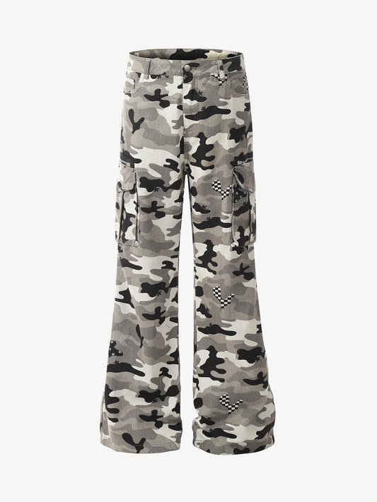 Checkerboard Patches Camo Cargo Flared Pants 