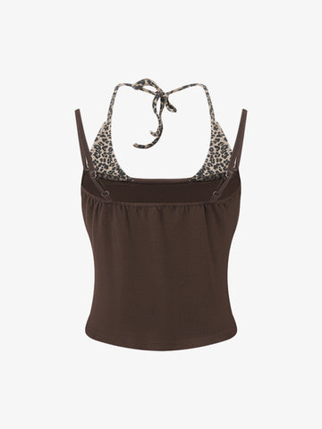Leopardenmuster-Haltertop – Stretch-Baumwolle mit goldenen Ziernieten