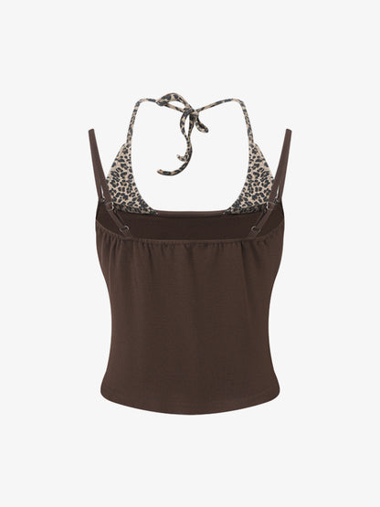 Leopardenmuster-Haltertop – Stretch-Baumwolle mit goldenen Ziernieten