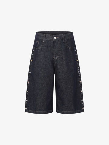 Dark Wash Denim Bermuda Shorts with Side Stripe Rhinestone Detail – Relaxed Fit Cotton Shorts