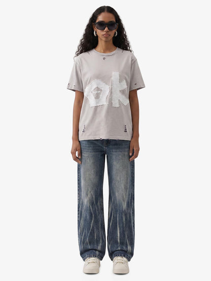 "OK" Patch Color-Block Ripped Reversible T-Shirt 