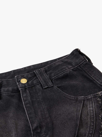 Distressed Black Denim Crop Jacket – Oversized Ripped Cotton Streetwear