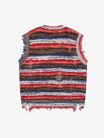 Frayed Edge Striped V Neck Knit Vest 
