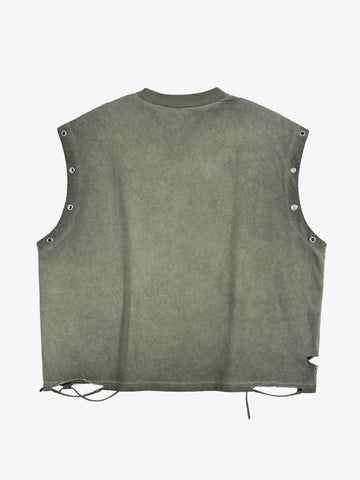 Cotton Sleeveless Crop Top with Distressed Design and Drawstring Hem - Supermade 63 Graphic Vest 