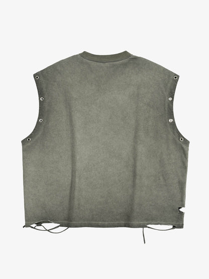 Cotton Sleeveless Crop Top with Distressed Design and Drawstring Hem - Supermade 63 Graphic Vest 