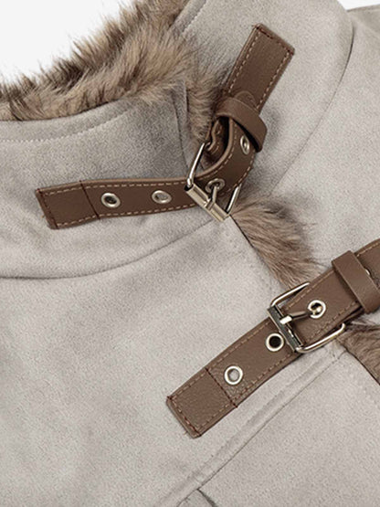 Vintage Suede Faux Fur Lined Buckle Bomber Jacket 