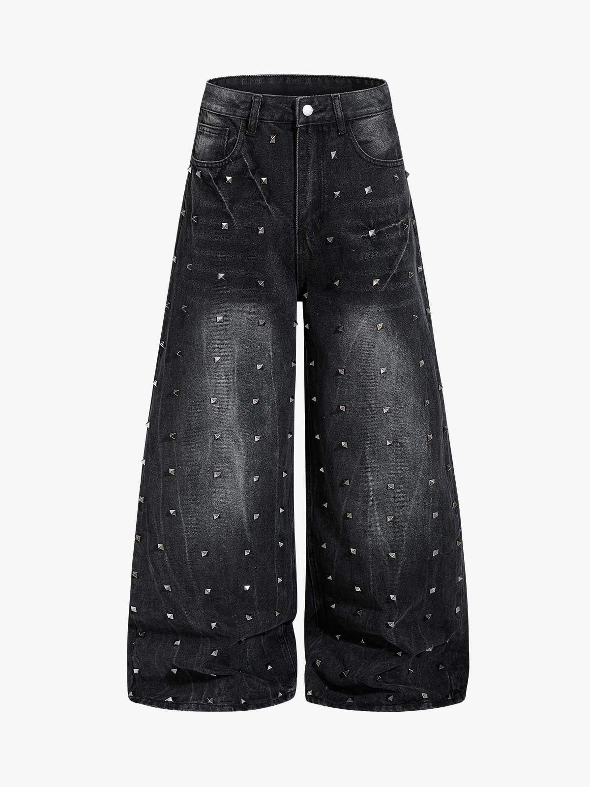 Black Washed Wide-Leg Cropped Denim Pants – High-Waisted Distressed Fit