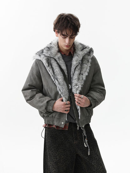 Vintage Dual-layer Collar Fleece-lined Zipper Jacket 