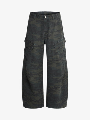 Retro Camo Multi-Pocket Cargo Barrel Pants 