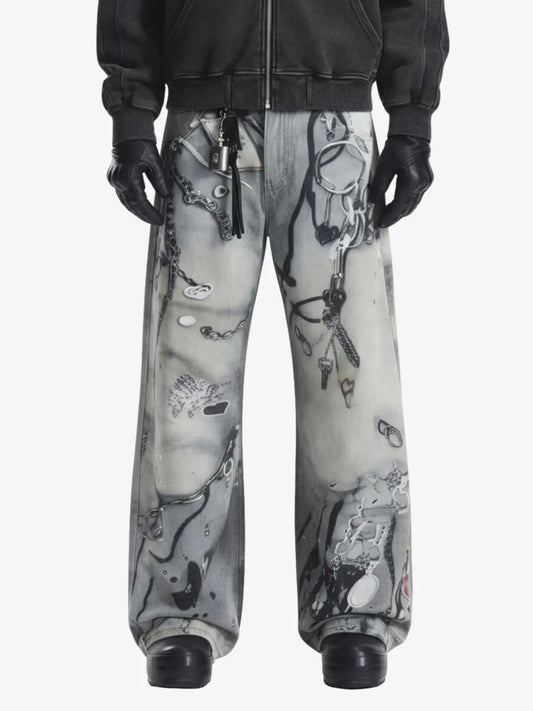 Abstract 3D Digital Print Wide-Leg Jeans 