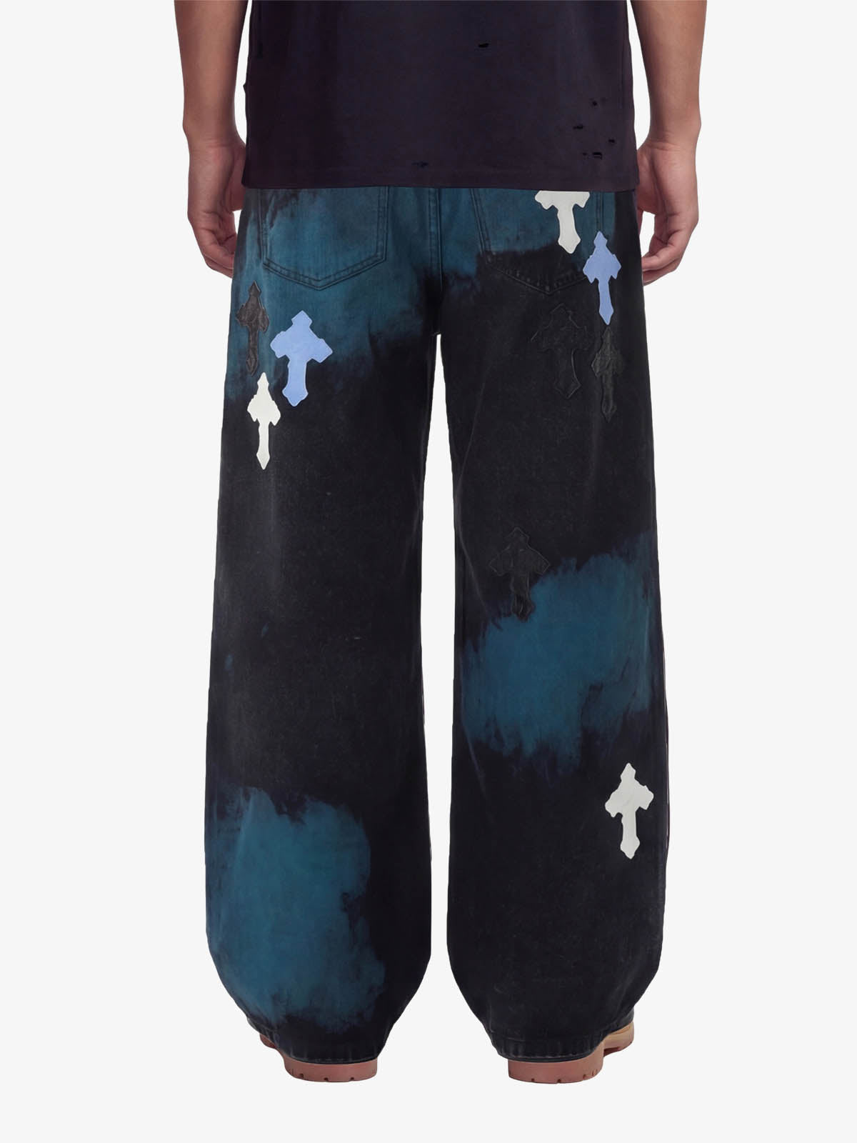 Smoke Fade Wash Cross Patch Baggy Denim Jeans 