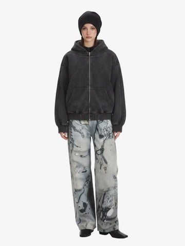 Vintage Washed Panel Construction Zip-Up Hoodie 