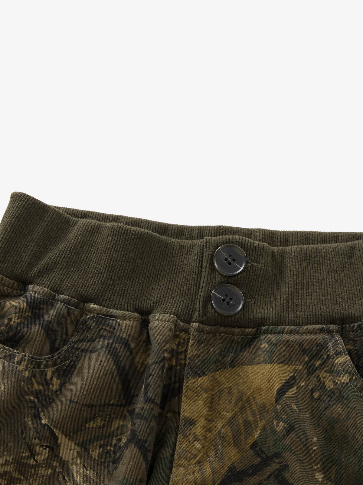 Camo Corduroy Wide-Leg Trousers – Elastic Waist Button Closure Pants