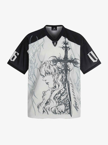 Oversized Mesh Football Jersey Tee – Gothic Number Graphic Sport T-Shirt