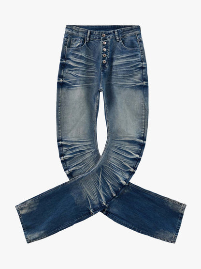 Vintage Distressed Button Fly Ruched Panel Flared Jeans 
