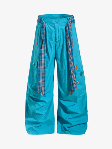 Plaid Straps Badge Cargo Pants 