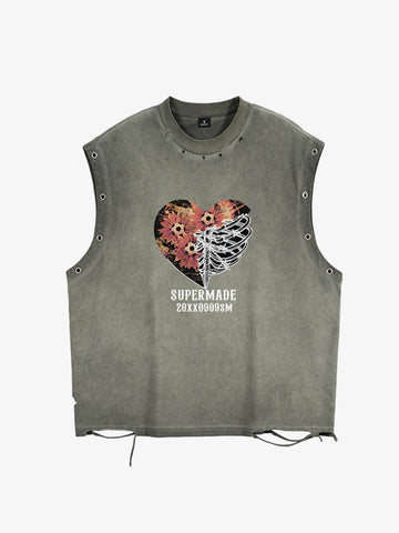 Floral Skeleton Heart Graphic Sleeveless T-Shirt 