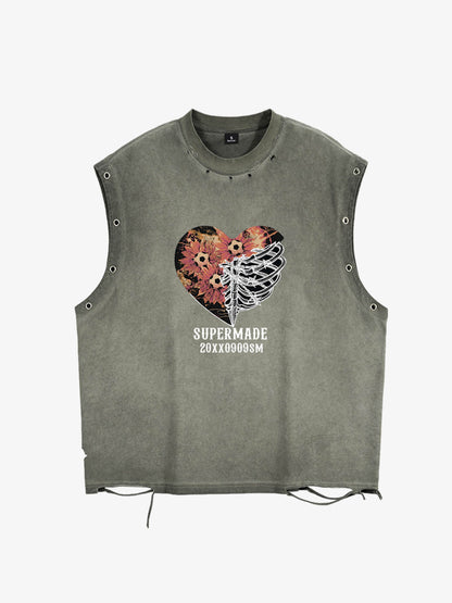 Floral Skeleton Heart Graphic Sleeveless T-Shirt 