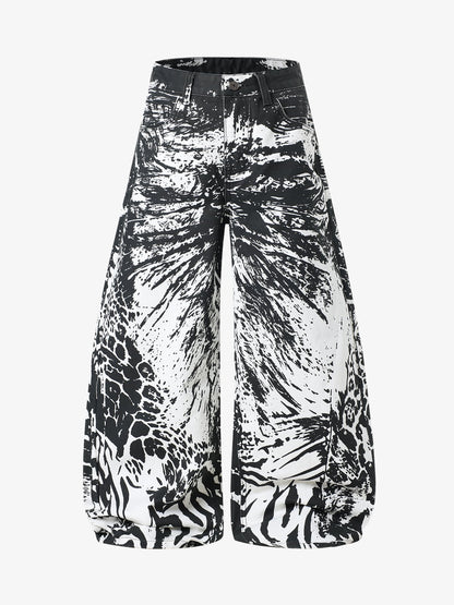 Weit geschnittene Hose mit abstraktem Print – Hochgeschnittene Hose aus Baumwollmischgewebe