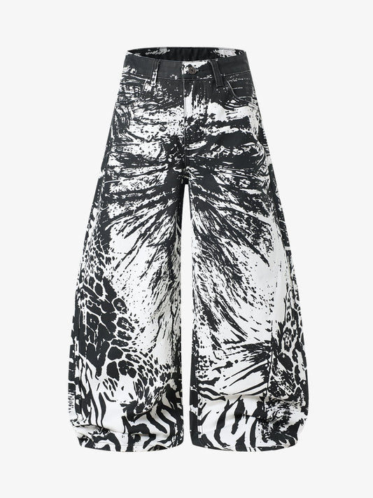 Weit geschnittene Hose mit abstraktem Print – Hochgeschnittene Hose aus Baumwollmischgewebe
