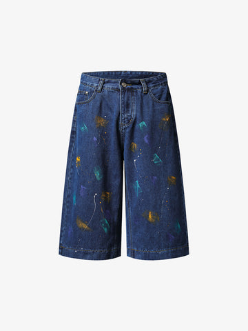 Paint Splatter Denim Wide-Leg Shorts – 100% Cotton Streetwear