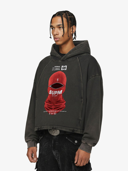 Retro Bandit Hat Graphic Distressed Cropped Hoodie 
