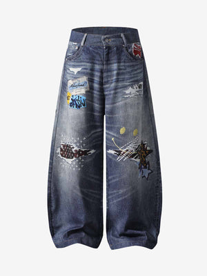 Washed Graffiti Patchwork Print Jeans 