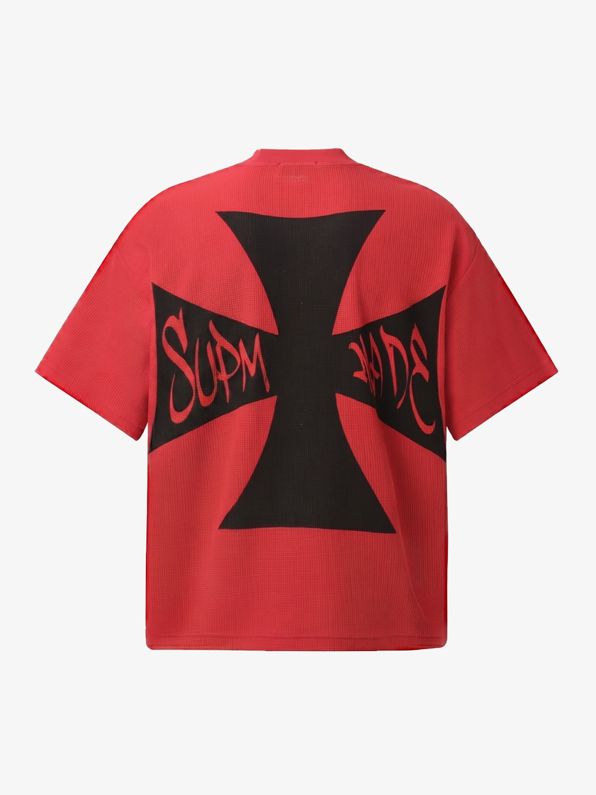 Red Waffle-Knit Cotton Blend Oversized T-Shirt with Bold Iron Cross Graphic Print