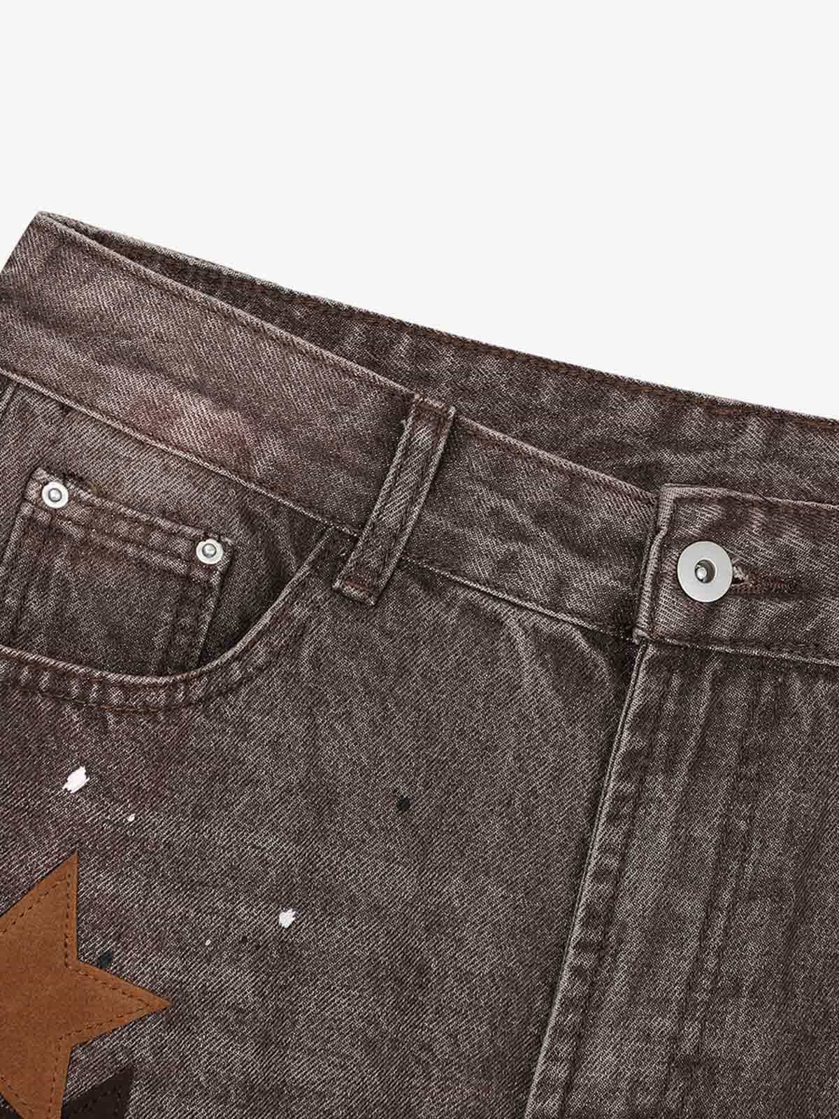 Retro Patchwork Washed Wide Leg Denim Jeans 