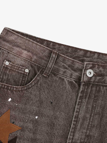 Retro Patchwork Washed Wide Leg Denim Jeans 