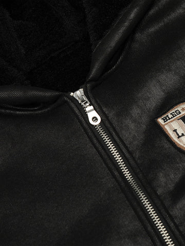 Vintage Leather Badge Fleece-lined Hooded Zip Bomber Jacket - 2547 