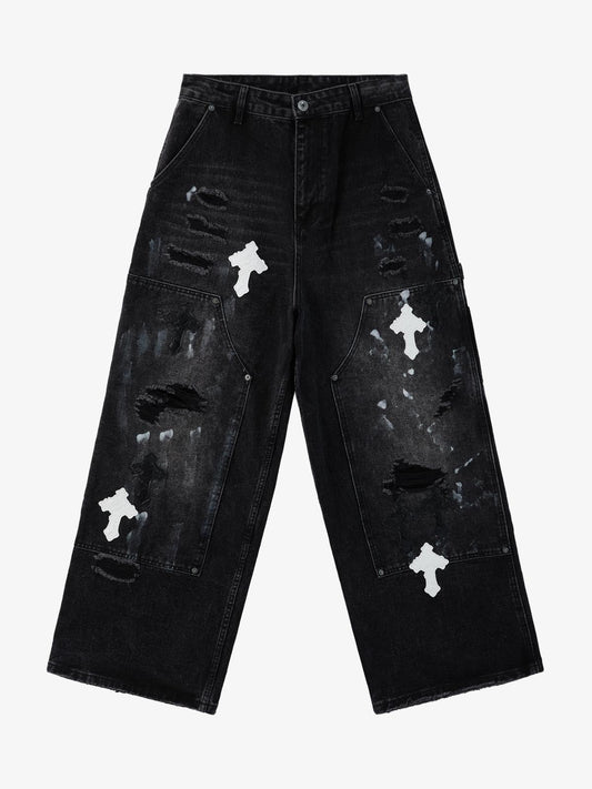 Supermade Retro Distressed Print Heavyweight Canvas Baggy Pants 