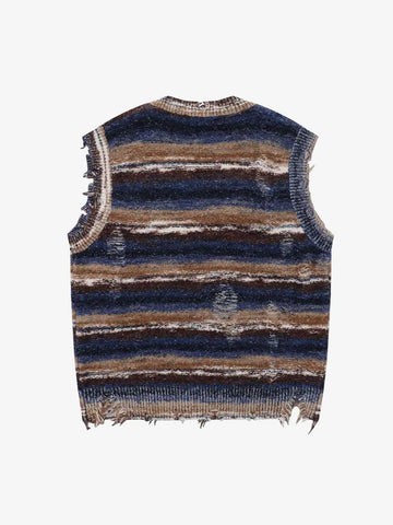 Frayed Edge Striped V Neck Knit Vest 