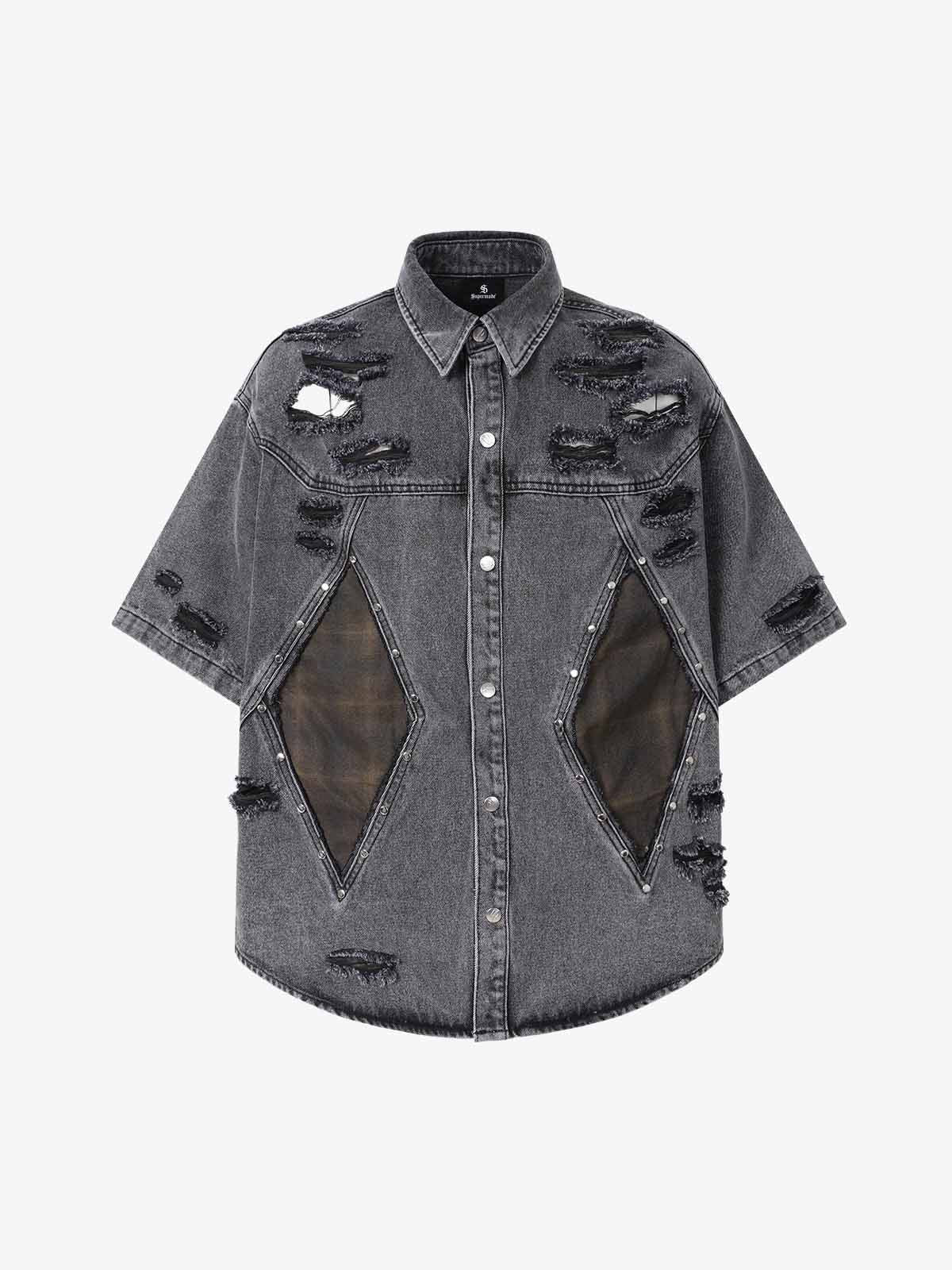 Retro Washed Plaid-Paneled Distressed Denim Set 