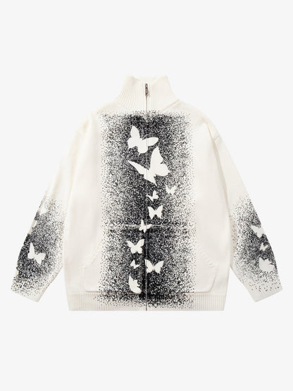 Street Dark Phantom Butterfly Stand-Collar Knit Cardigan Sweater 