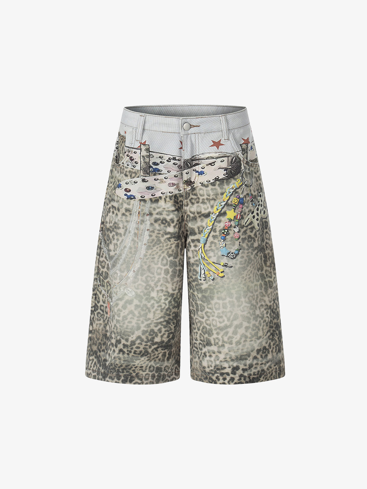 Charm Detail Leopard Denim Shorts 
