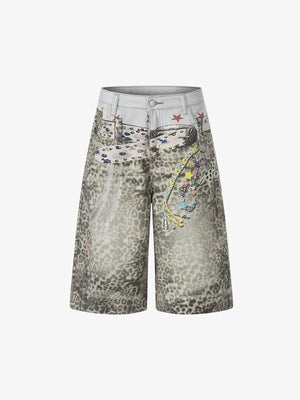 Charm Detail Leopard Denim Shorts 