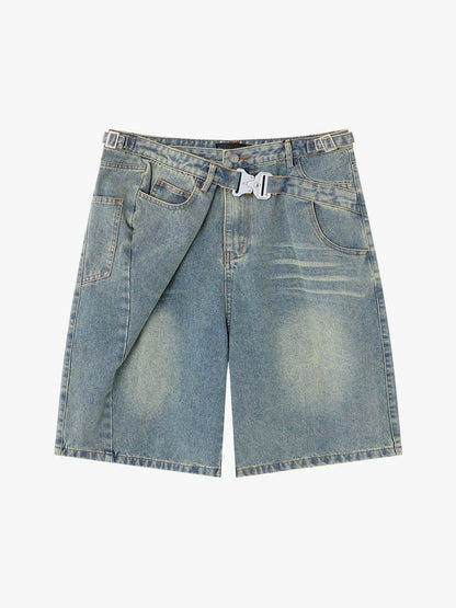 Shorts aus gewaschenem Denim mit taktischer Schnalle