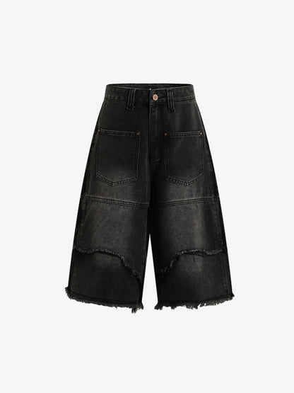 Ausgefranste, mehrlagige Jeans-Shorts mit Einsätzen