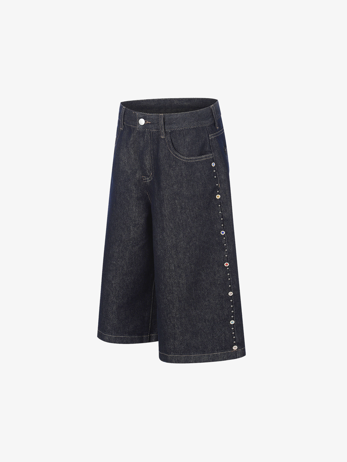Dark Wash Denim Bermuda Shorts with Side Stripe Rhinestone Detail – Relaxed Fit Cotton Shorts