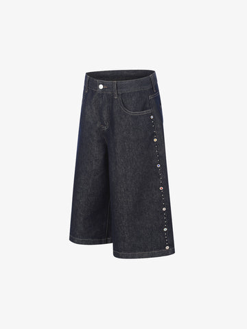 Dark Wash Denim Bermuda Shorts with Side Stripe Rhinestone Detail – Relaxed Fit Cotton Shorts