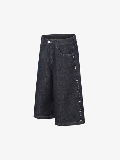 Dark Wash Denim Bermuda Shorts with Side Stripe Rhinestone Detail – Relaxed Fit Cotton Shorts