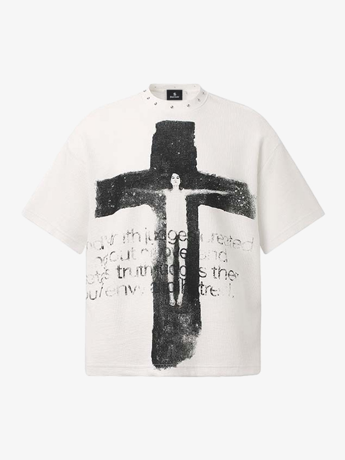 Waffelpiqué-T-Shirt mit Nietenkragen und Kreuzmuster